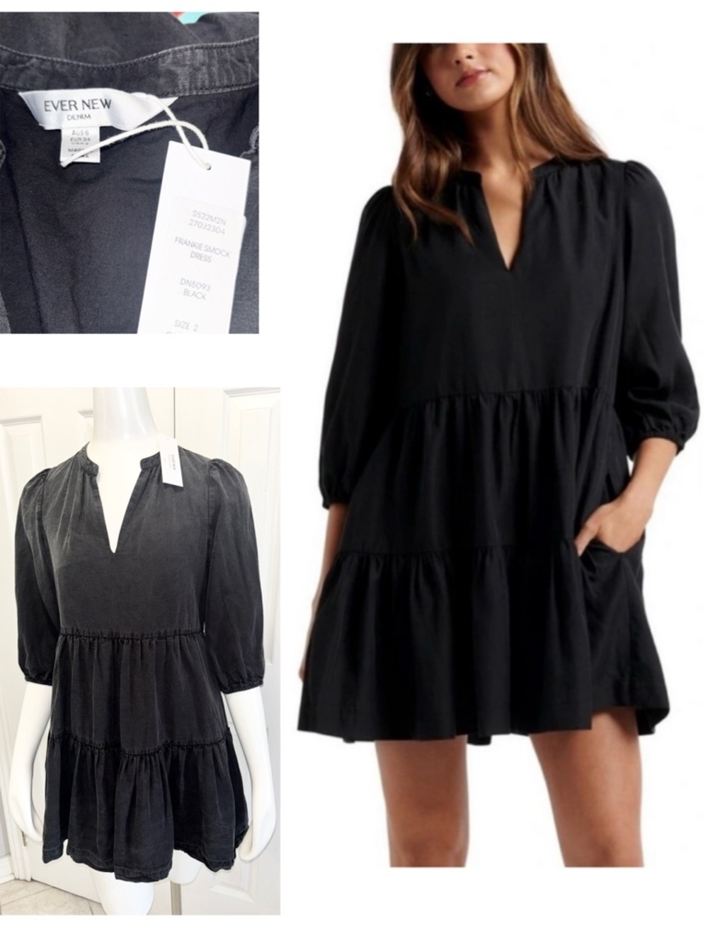 NWT Ever New Frankie Smock Dress Black A-Line Tiered Babydoll Mini Dress Size 2